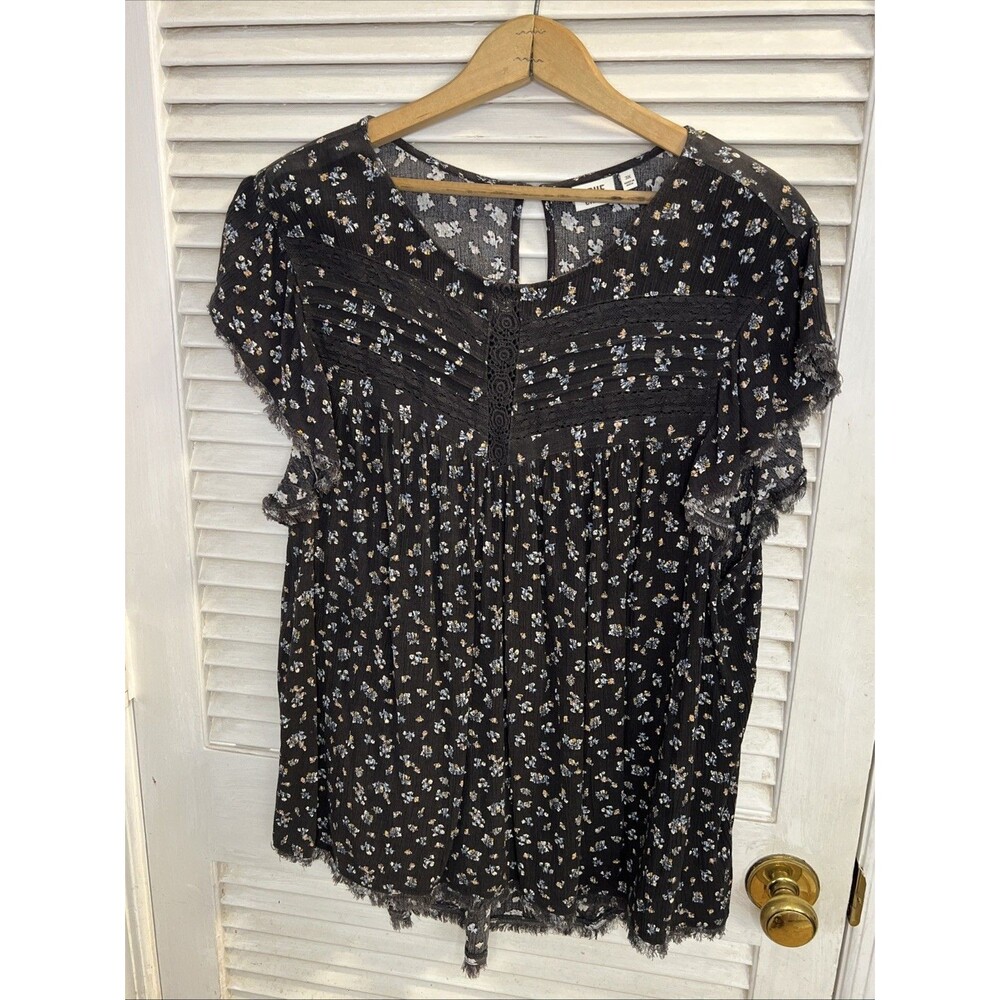 True Craft Top  Womens Plus 3X Black Floral Print  Ruffled Boho